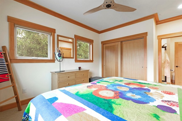 bedroom with baseboards, ceiling fan, crown molding, carpet flooring, and a closet