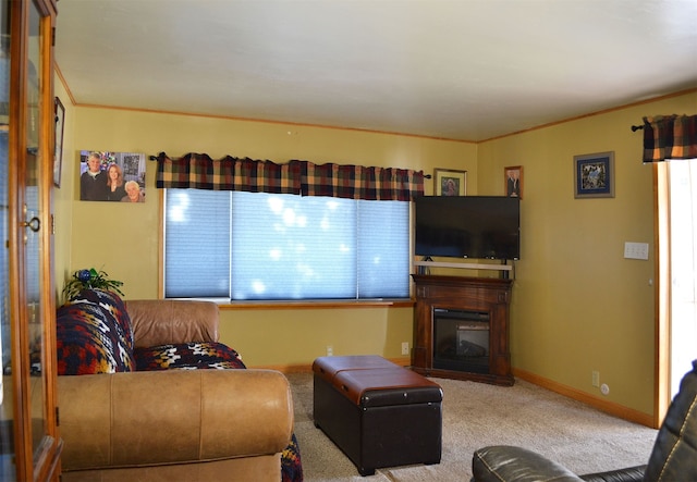 living room featuring carpet and ornamental molding