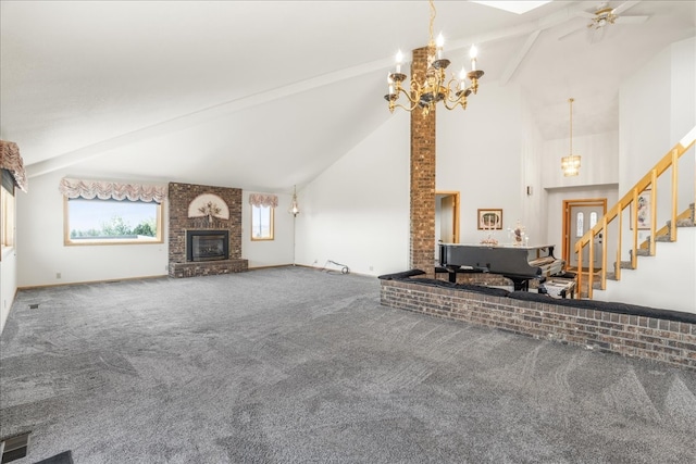 unfurnished living room with a brick fireplace, carpet flooring, a chandelier, beamed ceiling, and stairs