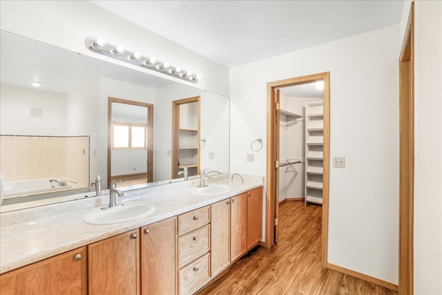 bathroom featuring double vanity, a spacious closet, a sink, and wood finished floors