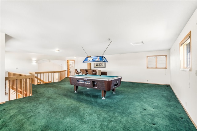 game room with carpet floors, billiards, and baseboards