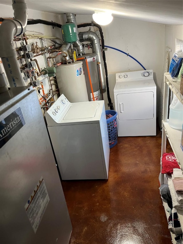 laundry room featuring laundry area, gas water heater, and separate washer and dryer