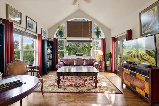 living room featuring high vaulted ceiling and light wood-type flooring