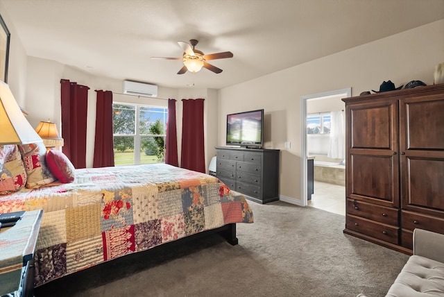 bedroom featuring ensuite bath, ceiling fan, multiple windows, and light carpet