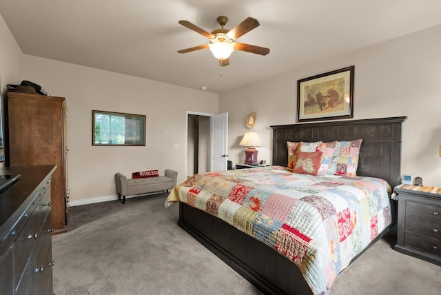 bedroom with light colored carpet and ceiling fan