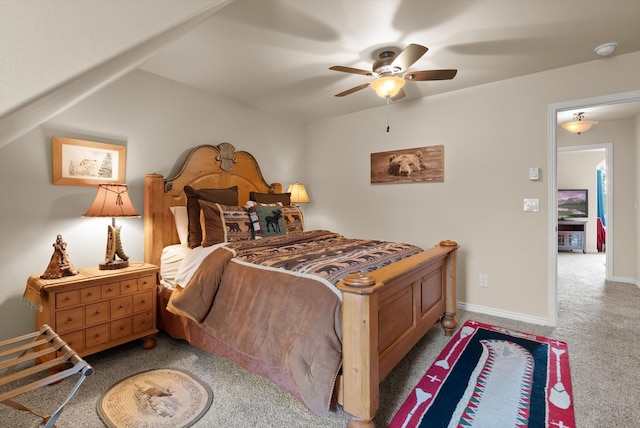 bedroom with ceiling fan and carpet flooring