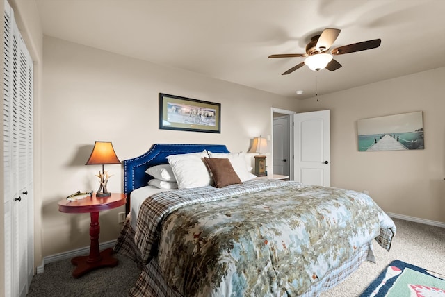 bedroom featuring ceiling fan, carpet flooring, and a closet