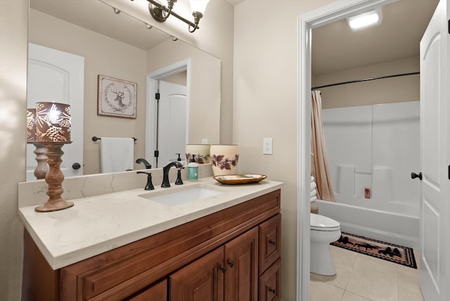 full bathroom with shower / bath combo, toilet, tile patterned floors, and vanity