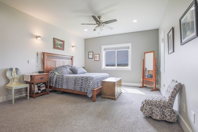 carpeted bedroom with ceiling fan