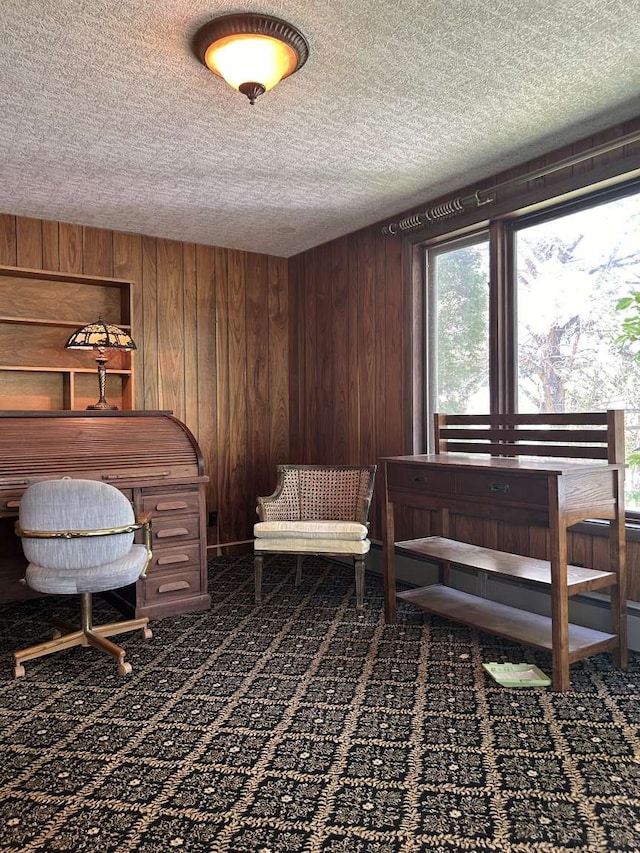 misc room featuring a textured ceiling, dark carpet, and wood walls