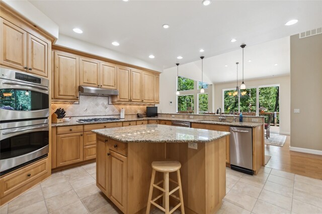 kitchen with light wood-type flooring, a healthy amount of sunlight, a kitchen island, and stainless steel appliances