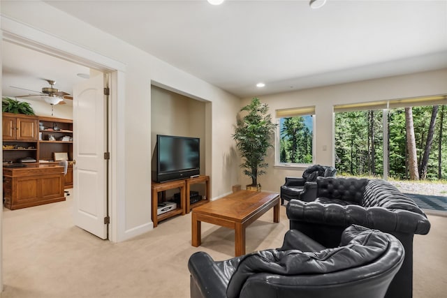1550 Rolling Ridge Loop, Kalispell, MT 59901 - living room featuring light carpet, recessed lighting, and a ceiling fan
