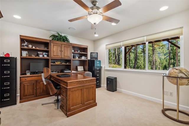 1550 Rolling Ridge Loop, Kalispell, MT 59901 - home office with light carpet, a ceiling fan, and recessed lighting