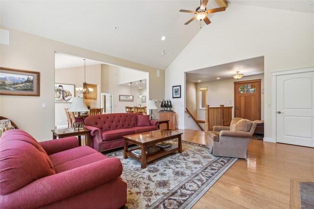 1550 Rolling Ridge Loop, Kalispell, MT 59901 - living room featuring high vaulted ceiling, light wood-style floors, a chandelier, ceiling fan, and recessed lighting