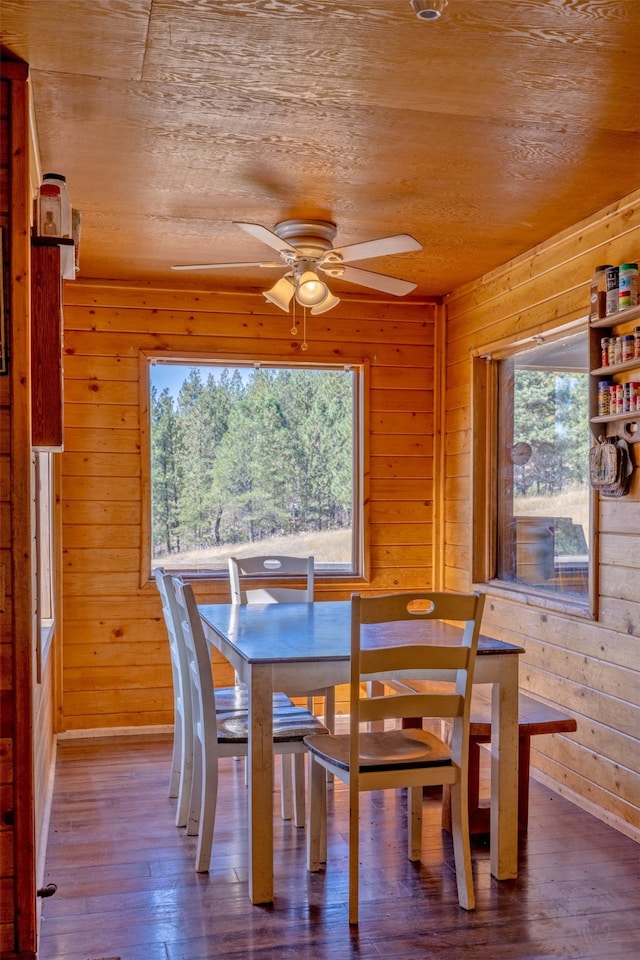 dining area with a healthy amount of sunlight, wood-type flooring, and wooden walls