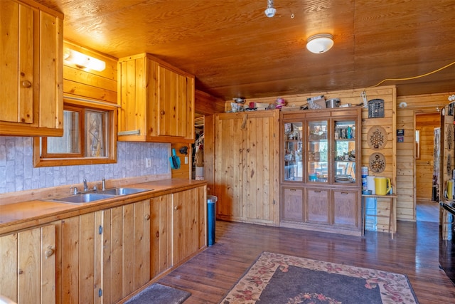 kitchen featuring wood walls, sink, wooden ceiling, and dark hardwood / wood-style floors