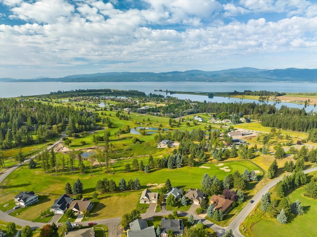 birds eye view of property with a water and mountain view