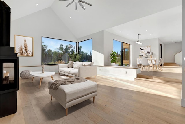 2025 Edward Ct, Missoula, MT 59804 - living area with light wood-type flooring, high vaulted ceiling, recessed lighting, and ceiling fan
