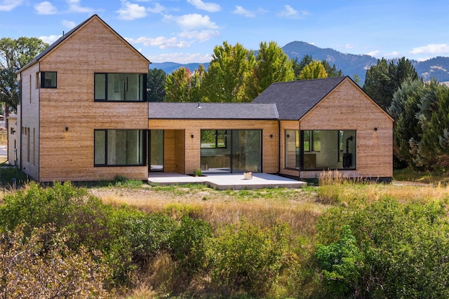 rear view of property with a patio area and a mountain view