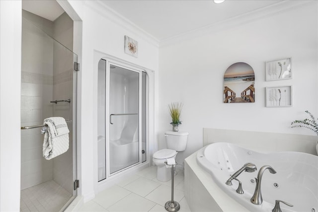 bathroom with toilet, ornamental molding, tile patterned floors, and plus walk in shower