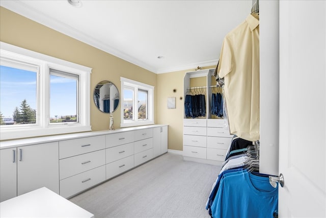 bedroom with light carpet and ornamental molding