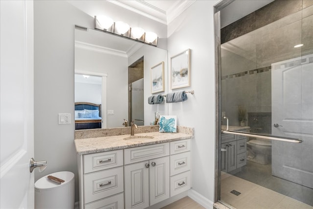 bathroom featuring walk in shower, ornamental molding, and vanity