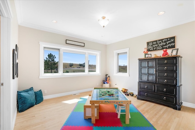 playroom with crown molding and light hardwood / wood-style flooring