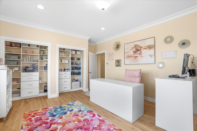 home office featuring light hardwood / wood-style floors and ornamental molding