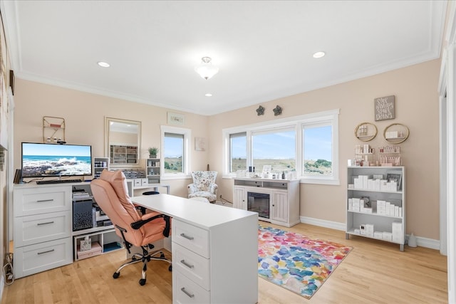 office featuring ornamental molding and light hardwood / wood-style floors