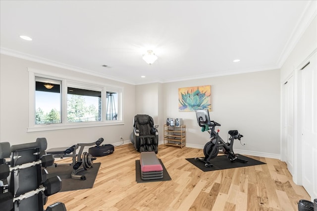 exercise area with crown molding and light hardwood / wood-style flooring