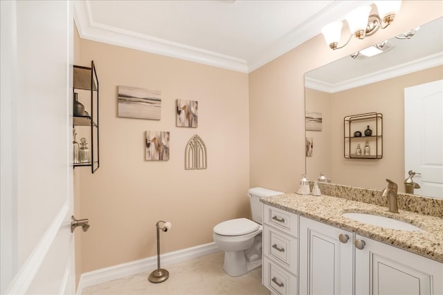 bathroom featuring ornamental molding, vanity, toilet, and tile patterned flooring