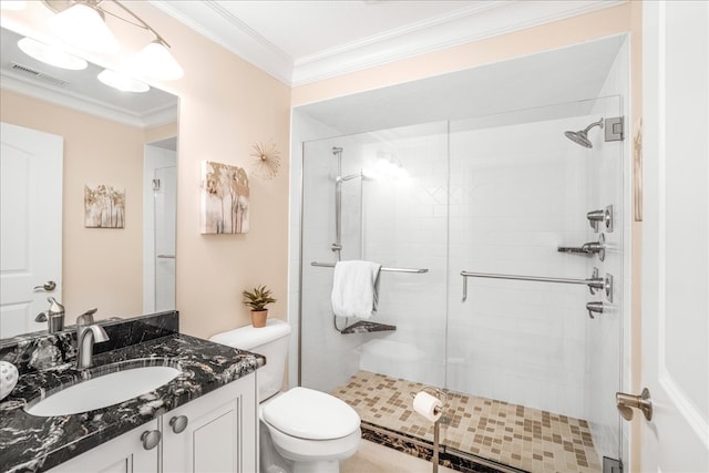 bathroom with walk in shower, toilet, crown molding, and vanity