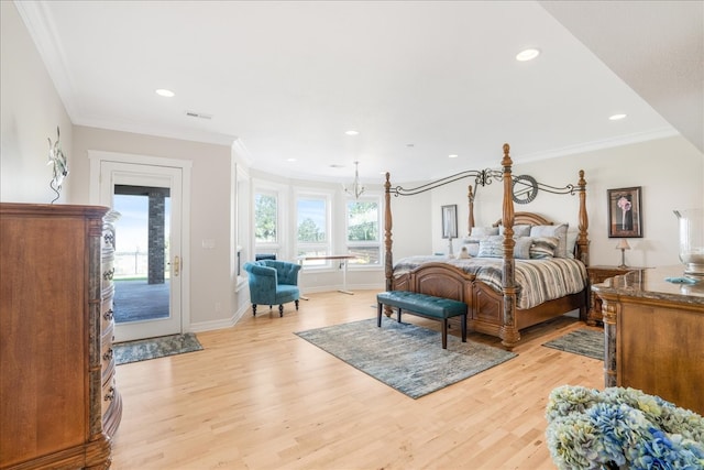 bedroom with crown molding, access to outside, and light hardwood / wood-style floors