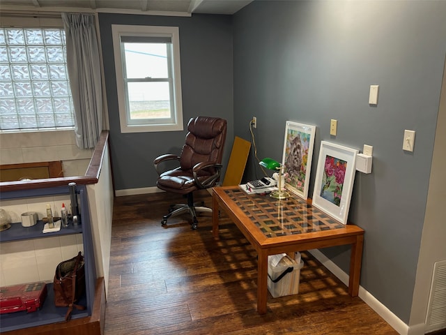 home office featuring dark wood-type flooring