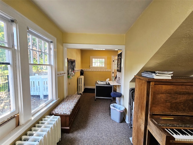 interior space with dark colored carpet and radiator