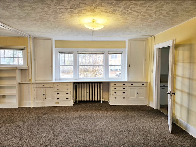 interior space with dark colored carpet and radiator