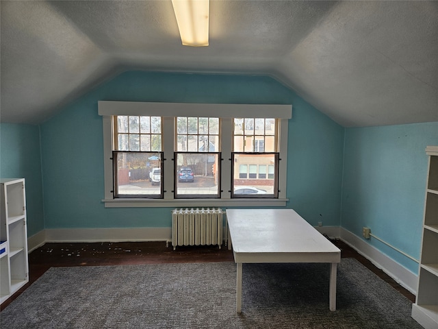 bonus room with radiator heating unit, a textured ceiling, and vaulted ceiling