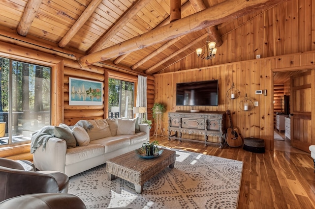 living room featuring beamed ceiling, high vaulted ceiling, wooden walls, wood-type flooring, and wooden ceiling