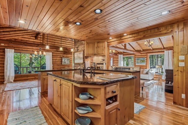 kitchen featuring log walls, light hardwood / wood-style flooring, wood ceiling, vaulted ceiling with skylight, and a kitchen island with sink