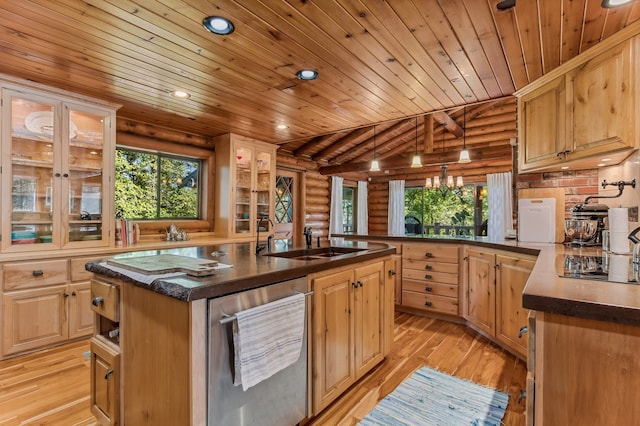 kitchen featuring log walls, wooden ceiling, light hardwood / wood-style flooring, sink, and an island with sink