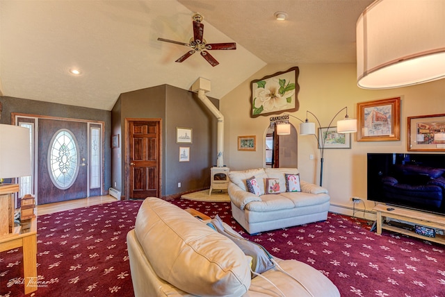 carpeted living room with lofted ceiling, a baseboard radiator, and ceiling fan