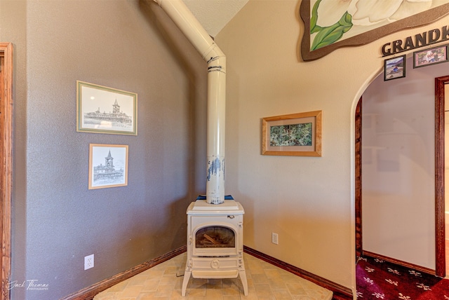 interior space with a wood stove