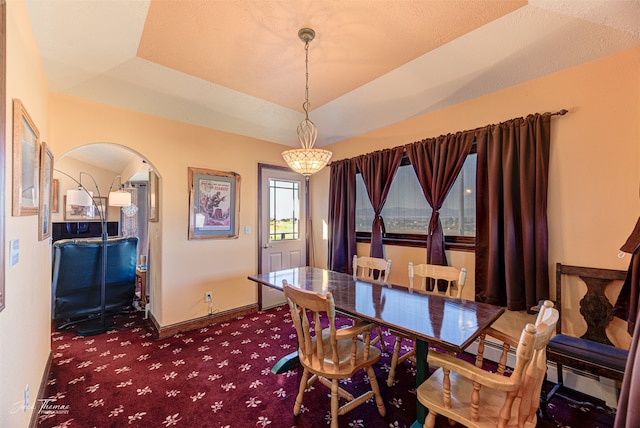 carpeted dining room featuring a tray ceiling