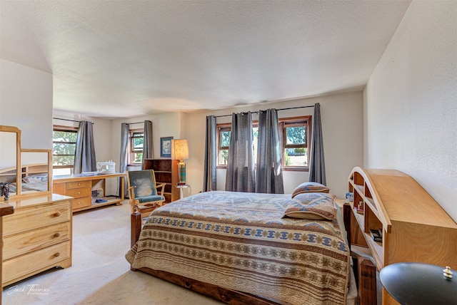 bedroom with a textured ceiling and carpet