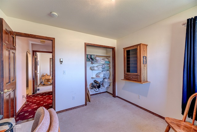 carpeted bedroom with a textured ceiling and a closet