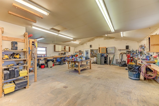 garage featuring a workshop area