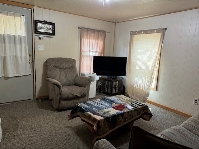 carpeted living room featuring wooden walls