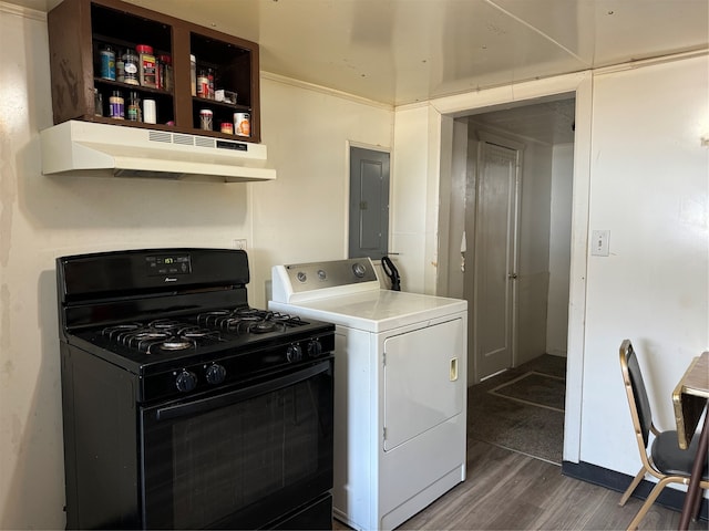 kitchen featuring black gas range, washer / clothes dryer, electric panel, and dark hardwood / wood-style floors