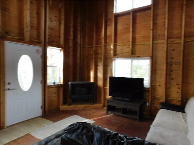 living room featuring a wood stove