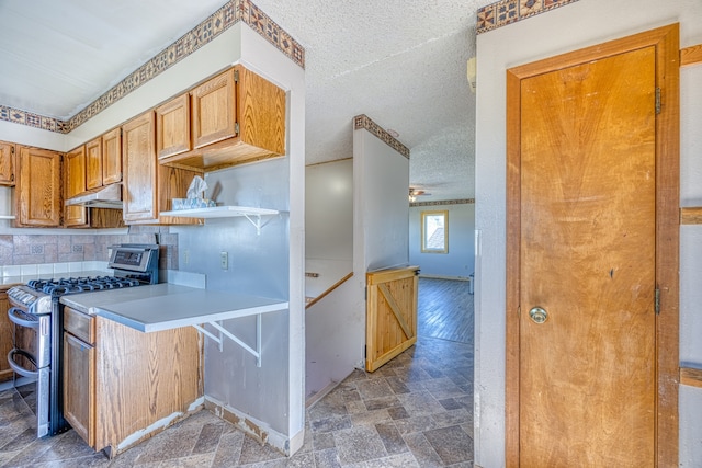 kitchen with dark hardwood / wood-style flooring, stainless steel range with gas stovetop, a textured ceiling, and backsplash